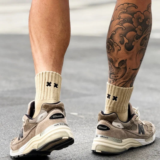 Embroidered Mid-Calf Cotton Socks – Korean Style | Black, Gray, White, Khaki (EU 38–44)