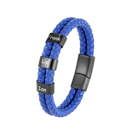 Pulsera de cuero trenzado personalizada con nombre de familia para hombre con dije de acero inoxidable