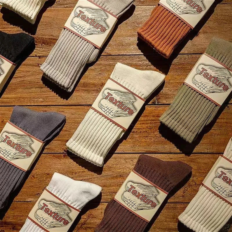 Calcetines Retro Gruesos de Algodón – Tripulantes de Punto de Media Caña para Hombre (Negro / Beige / Café)