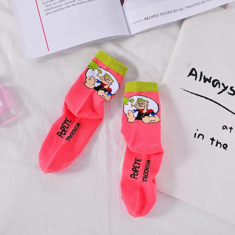 Cartoon Print Cotton Crew Socks - Jacquard, 5 Designs, Unisex EU 35-41