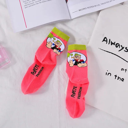 Cartoon Print Cotton Crew Socks - Jacquard, 5 Designs, Unisex EU 35-41