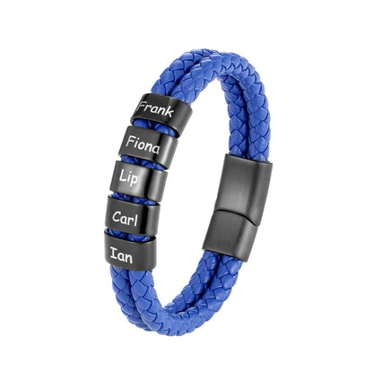 Pulsera de cuero trenzado personalizada con nombre de familia para hombre con dije de acero inoxidable