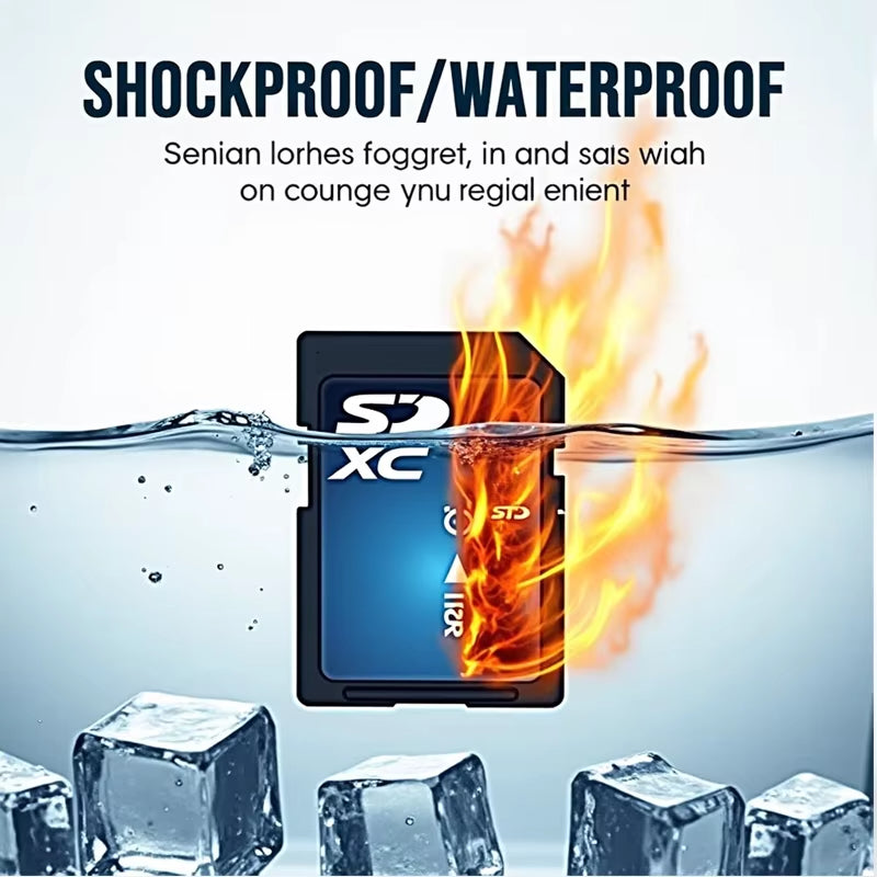 SD card with fire, water, and ice elements to demonstrate shockproof and waterproof features.