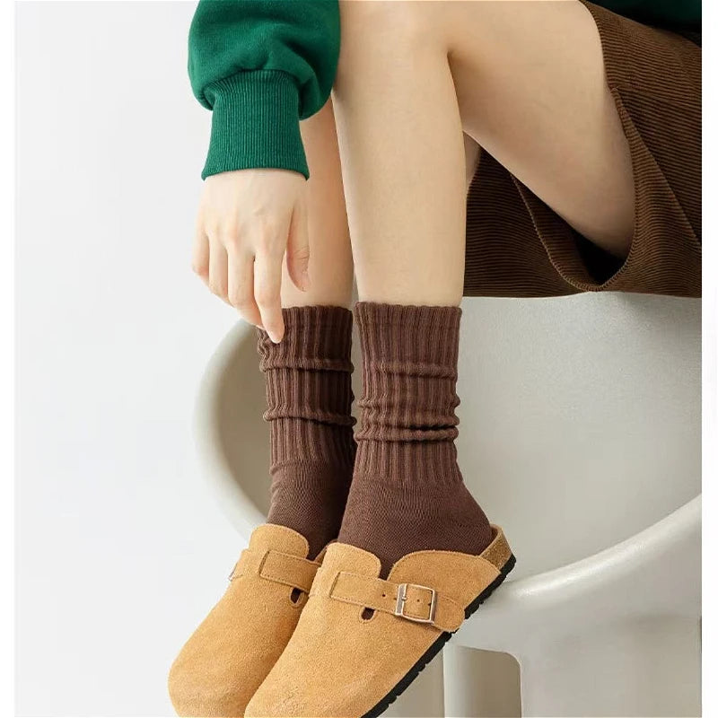 Calcetines Retro Gruesos de Algodón – Tripulantes de Punto de Media Caña para Hombre (Negro / Beige / Café)