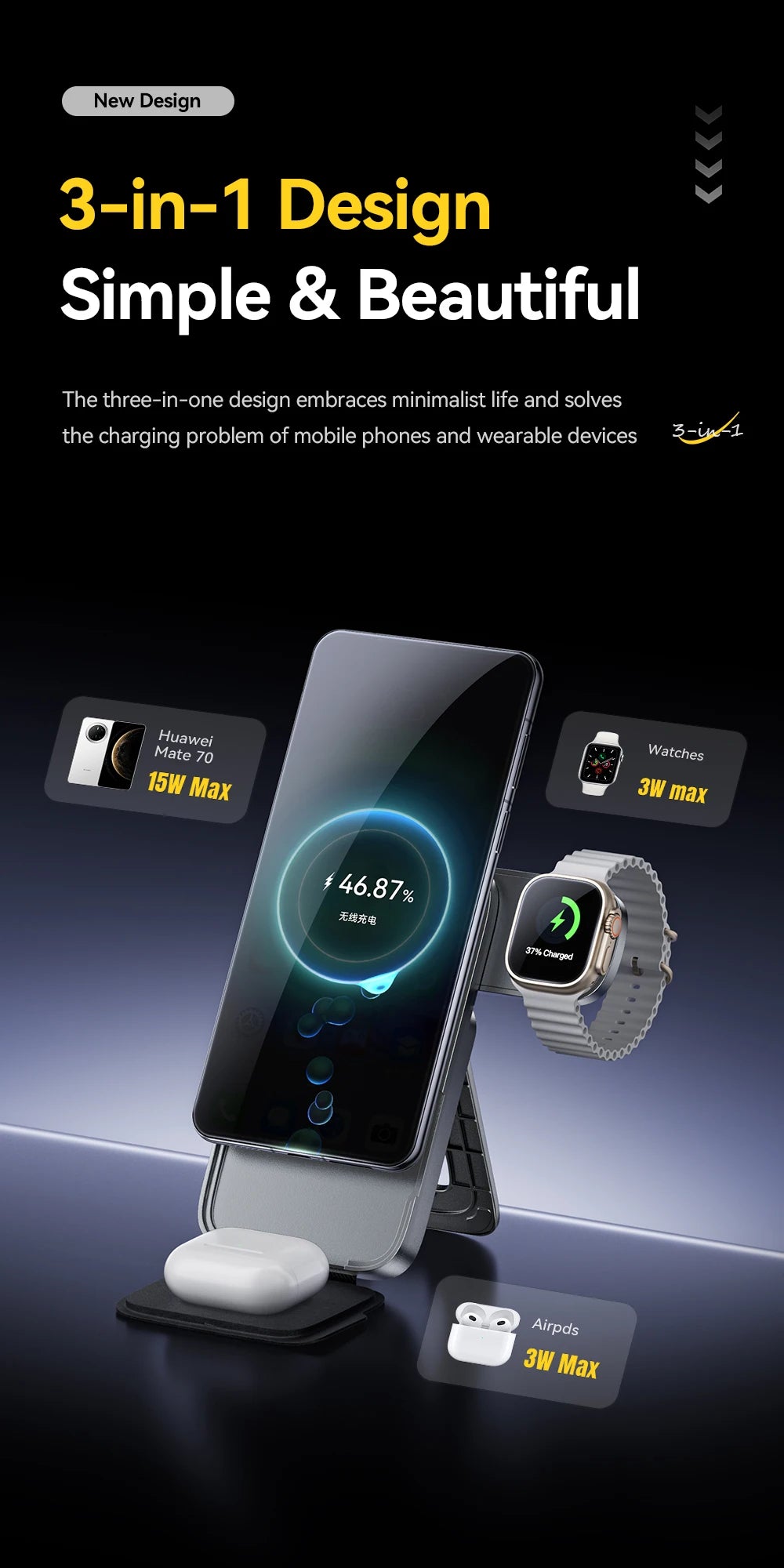 Soporte de cargador inalámbrico 3 en 1 - Carga rápida MagSafe de 15W para iPhone, AirPods y Apple Watch