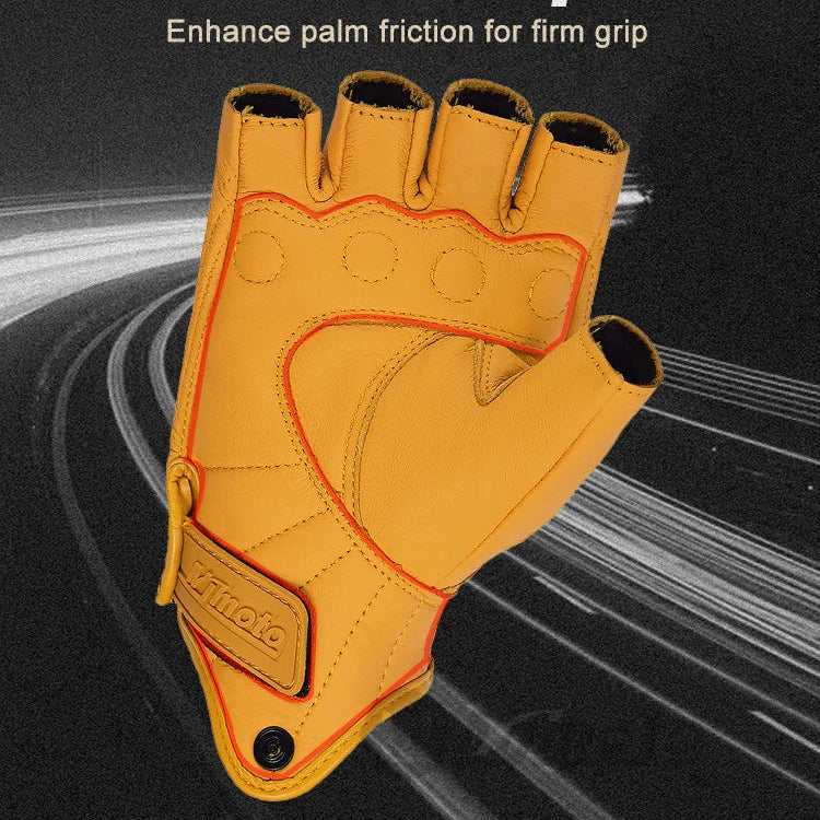 Yellow half-finger glove with 'mgmoto' branding on a black background
