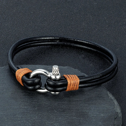 Horseshoe Shackle Leather Bracelet - Stainless Steel, 4 Sizes, 4 Colors, Unisex