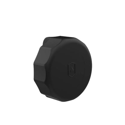 A protective and waterproof case for an Apple AirTag, displayed in disassembled parts, including a clear body with color speckles, a black anti-loss support, and a blue transport bag.