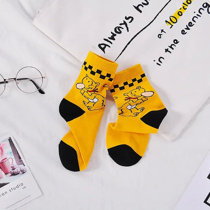 Cartoon Print Cotton Crew Socks - Jacquard, 5 Designs, Unisex EU 35-41