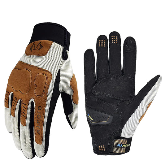 Pair of gloves with brown, black, and white design on a white background with a Russian flag.