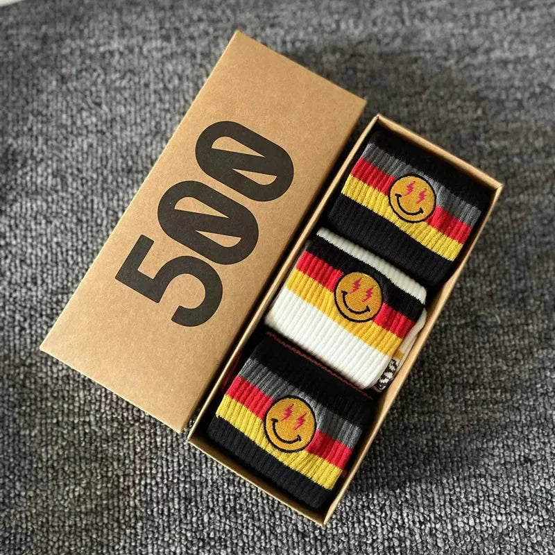 Striped Cotton Socks 3-Pack Gift Box – Unisex Skateboarding & Street Style