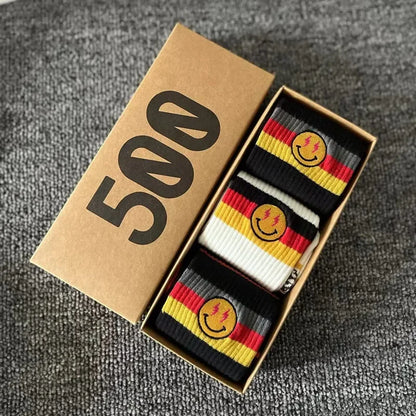 Striped Cotton Socks 3-Pack Gift Box – Unisex Skateboarding & Street Style