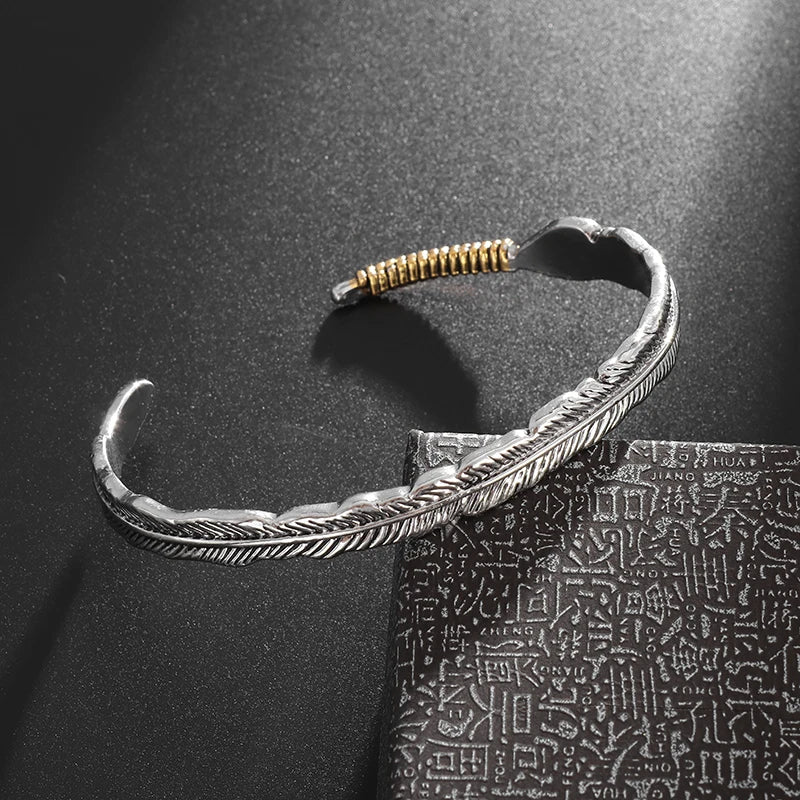 Feather Cuff Bracelet Adjustable Metal Bangle for Men & Women