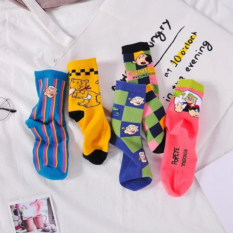Cartoon Print Cotton Crew Socks - Jacquard, 5 Designs, Unisex EU 35-41