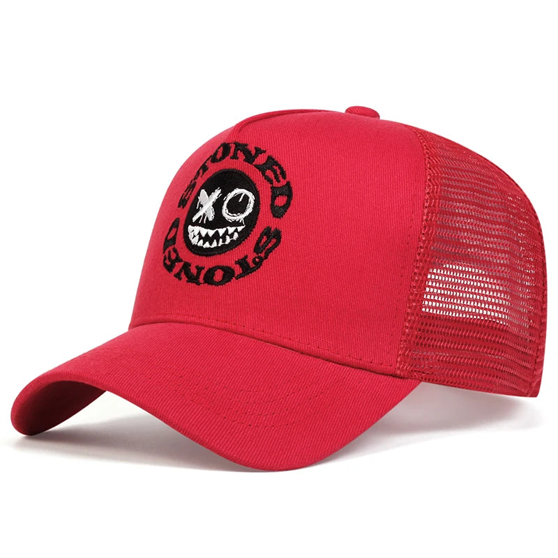 Smiley Face Embroidery Baseball Cap - Mesh Trucker, Adjustable, Unisex