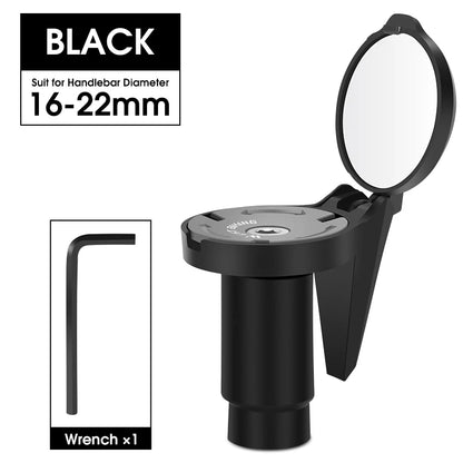 Black motorcycle mirror with handlebar adapter on a white background