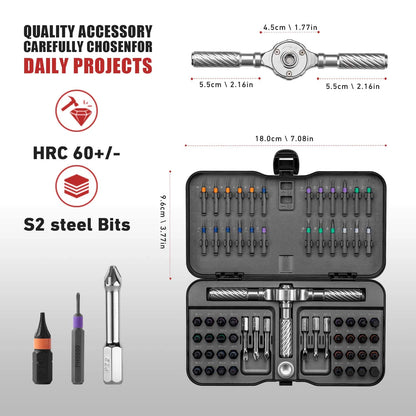 66-in-1 Magnetic Ratchet Screwdriver Set - T-Handle, Chrome-Vanadium, 66 Bits
