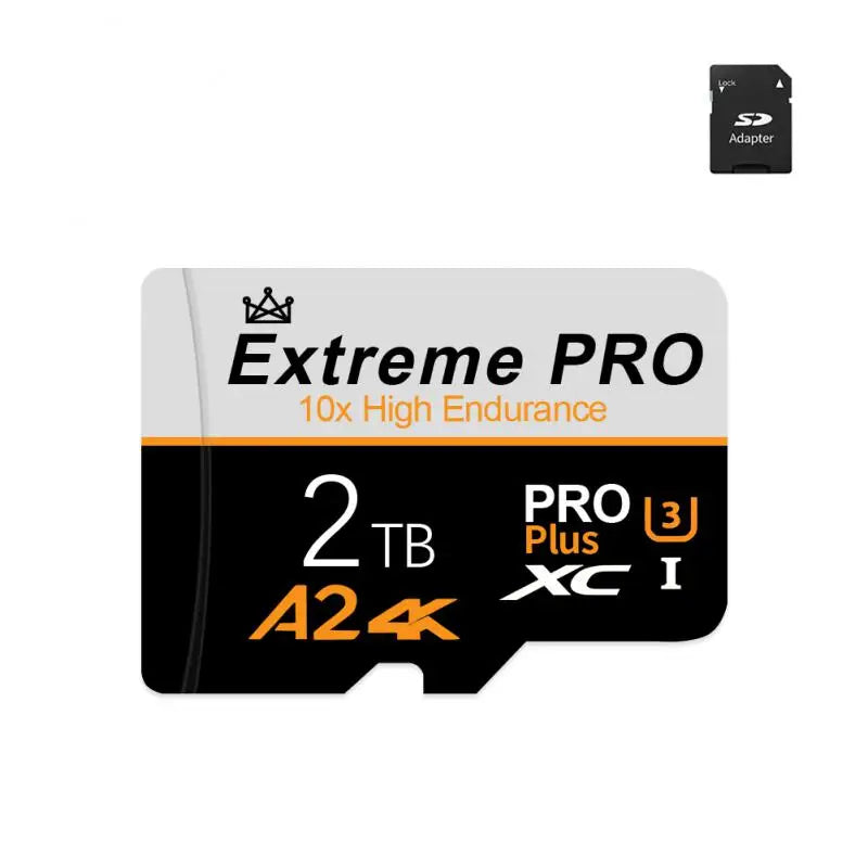 A 2TB Extreme Pro microSD card, primarily white with black and gold text, indicating high capacity and speed for mobile storage.