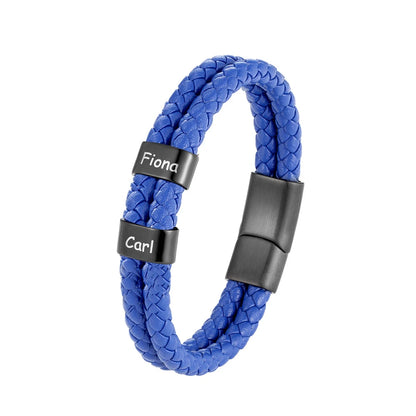 Pulsera de cuero trenzado personalizada con nombre de familia para hombre con dije de acero inoxidable