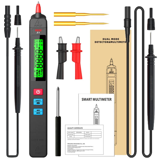 Digital multimeter, voltage detector, tester, contactless smart electric pen, NCV, live cable continuity test, Hz ohms, DC, AC meter deideas