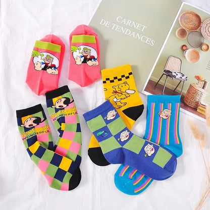Cartoon Print Cotton Crew Socks - Jacquard, 5 Designs, Unisex EU 35-41