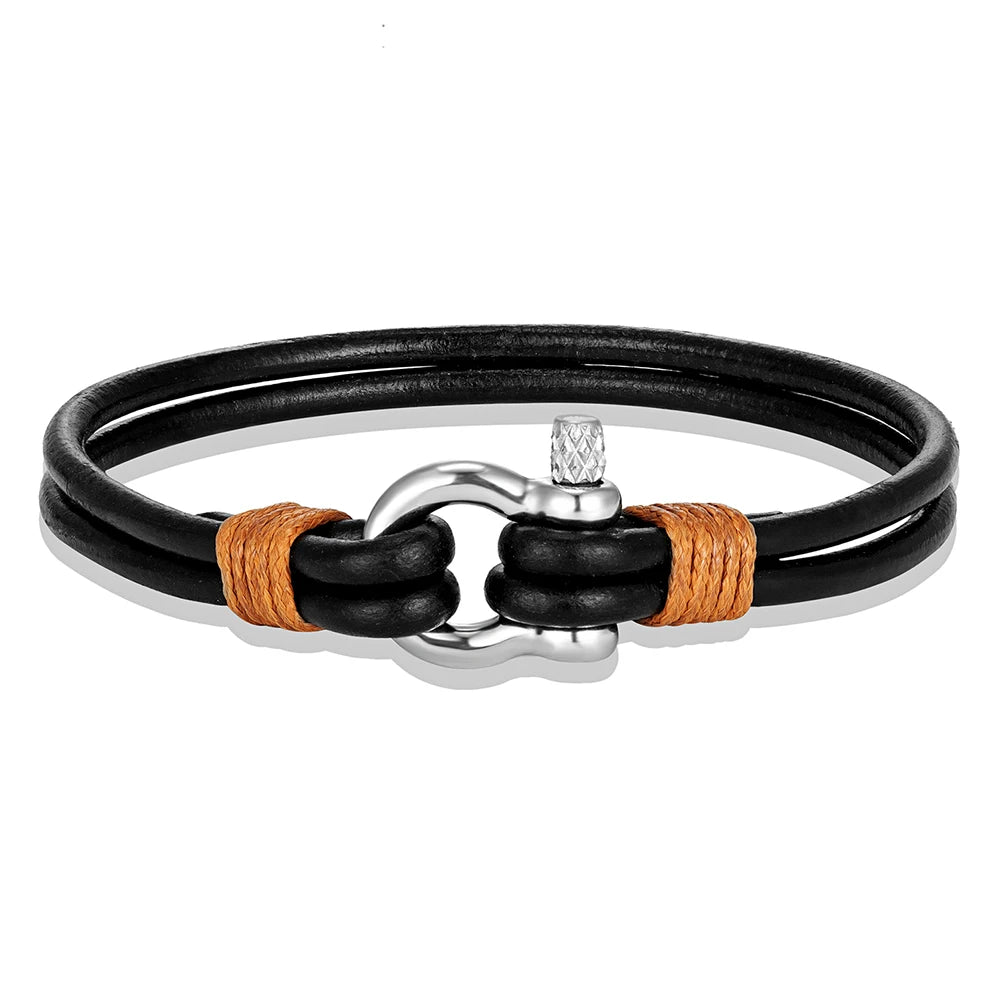 Horseshoe Shackle Leather Bracelet - Stainless Steel