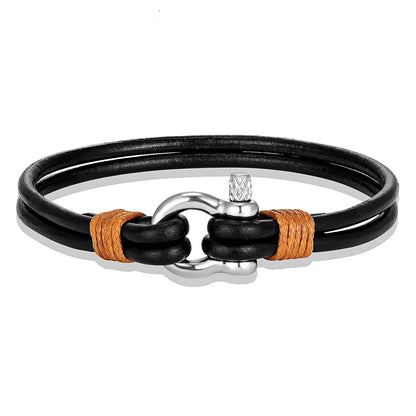 Horseshoe Shackle Leather Bracelet - Stainless Steel