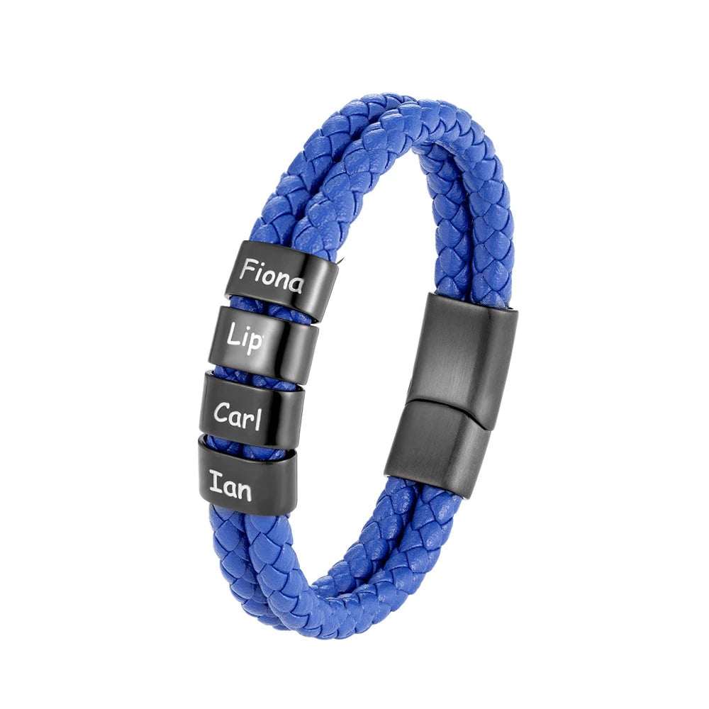 Pulsera de cuero trenzado personalizada con nombre de familia para hombre con dije de acero inoxidable