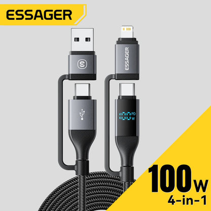 4-in-1 USB Cable 100W – Digital Display, Fast Charging for iPhone, iPad, MacBook & USB-C