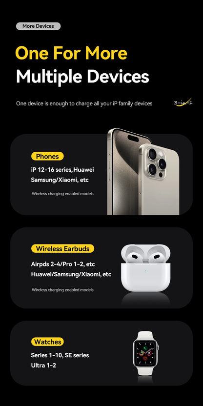 Soporte de cargador inalámbrico 3 en 1 - Carga rápida MagSafe de 15W para iPhone, AirPods y Apple Watch