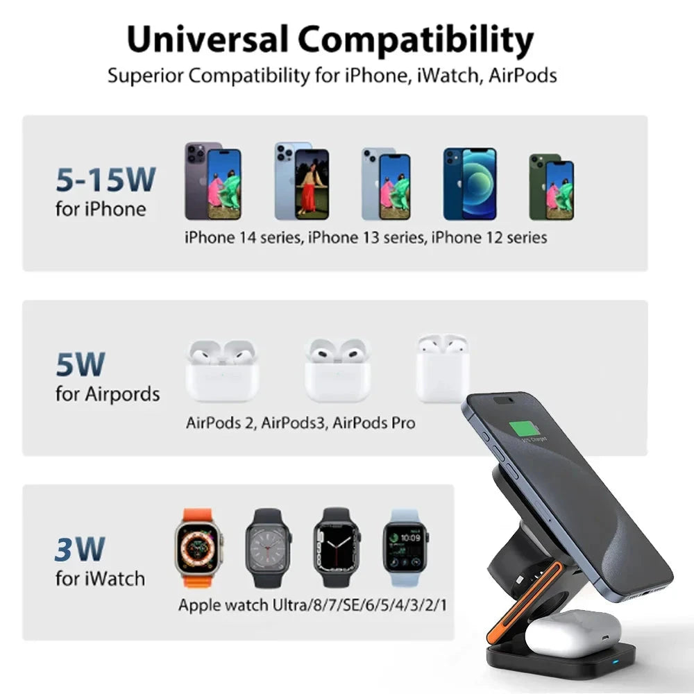 Foldable Magnetic Wireless Charging Station for iPhone, Apple Watch and AirPods deideas