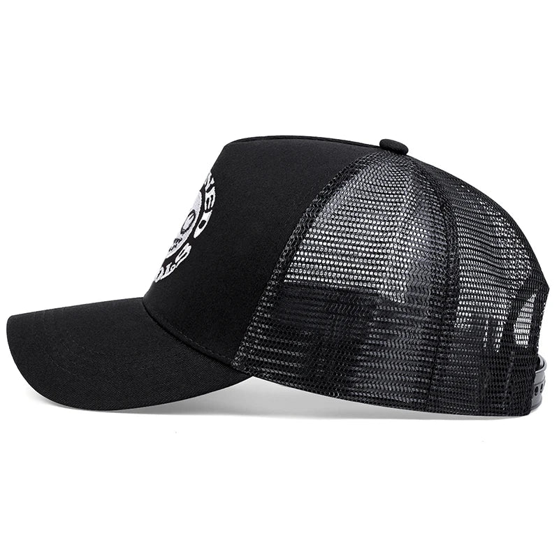 Smiley Face Embroidery Baseball Cap - Mesh Trucker, Adjustable, Unisex