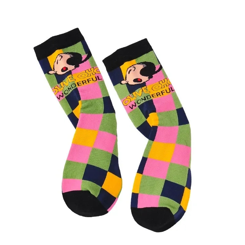 Cartoon Print Cotton Crew Socks - Jacquard, 5 Designs, Unisex EU 35-41