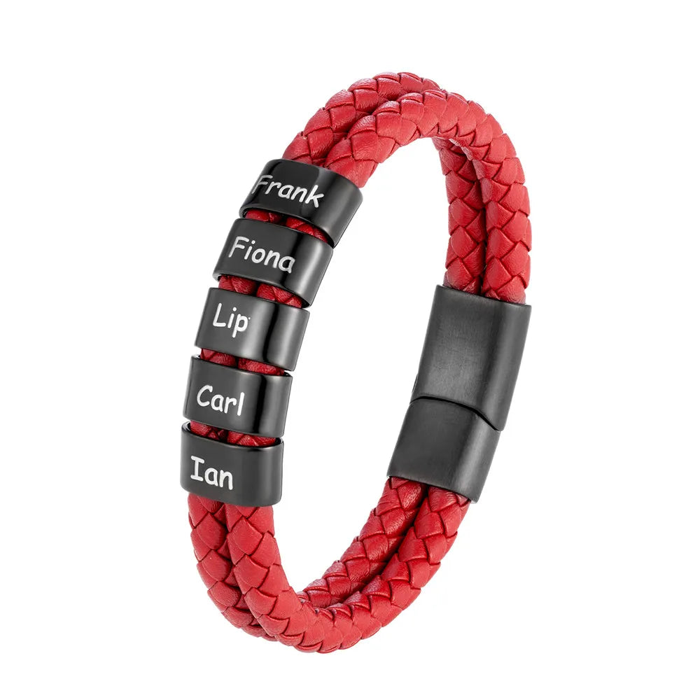 Pulsera de cuero trenzado personalizada con nombre de familia para hombre con dije de acero inoxidable