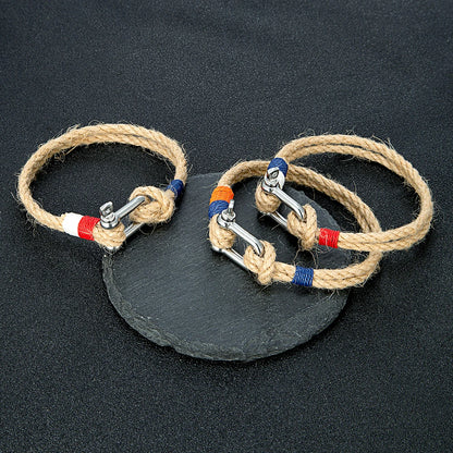 Hemp Rope Bracelet - Stainless Steel Shackle