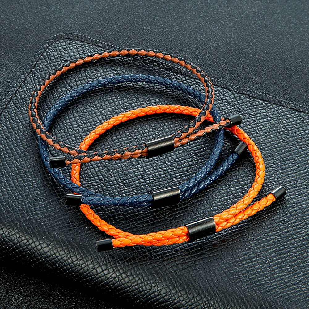 Braided Leather & Steel Adjustable Bracelet – Unisex Charm Style