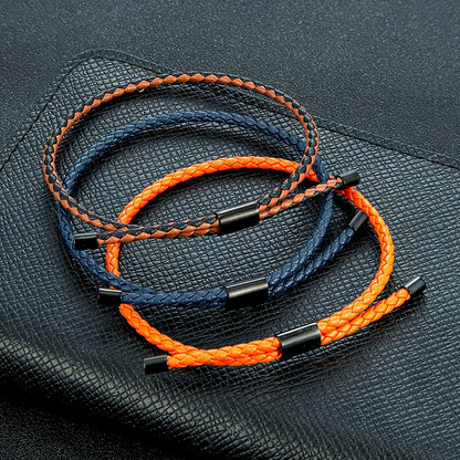 Braided Leather & Steel Adjustable Bracelet – Unisex Charm Style