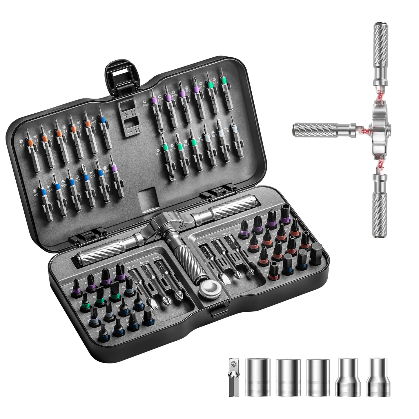 66-in-1 Magnetic Ratchet Screwdriver Set - T-Handle, Chrome-Vanadium, 66 Bits