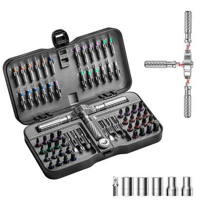 66-in-1 Magnetic Ratchet Screwdriver Set - T-Handle, Chrome-Vanadium, 66 Bits