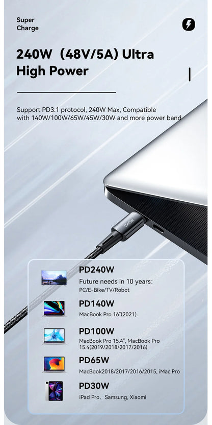 Cable USB-C a USB-C 240W - Carga Rápida 6A, PD 3.1