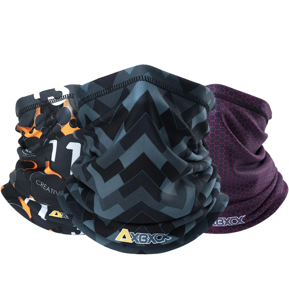 Four patterned neck gaiters with visible brand logos on a white background