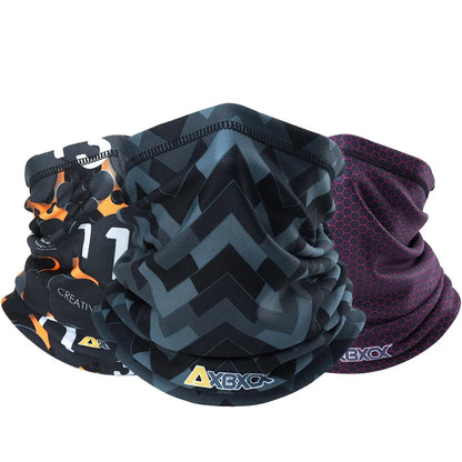 Four patterned neck gaiters with visible brand logos on a white background