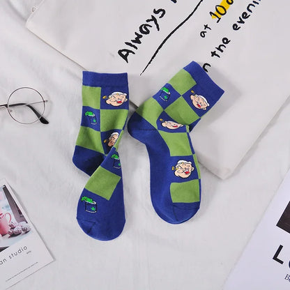 Cartoon Print Cotton Crew Socks - Jacquard, 5 Designs, Unisex EU 35-41