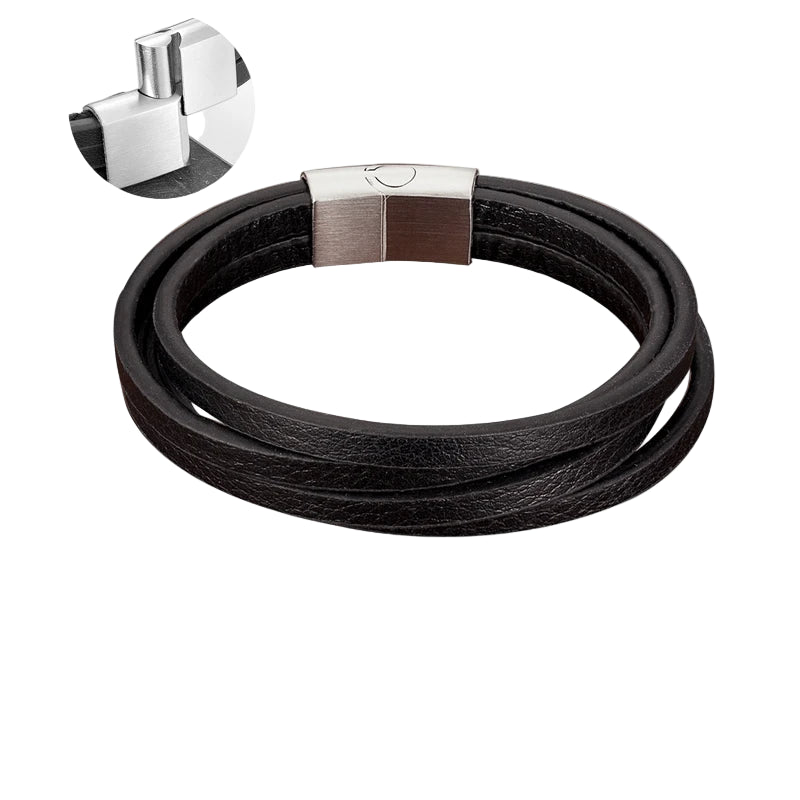 Black leather bracelet with silver clasp on a white background