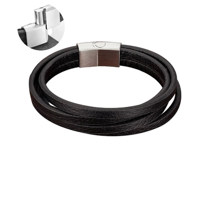 Black leather bracelet with silver clasp on a white background