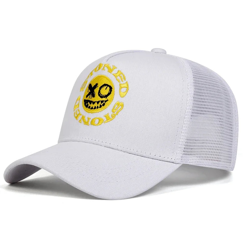 Smiley Face Embroidery Baseball Cap - Mesh Trucker, Adjustable, Unisex