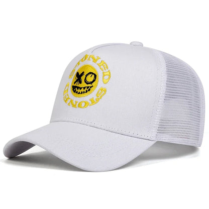 Smiley Face Embroidery Baseball Cap - Mesh Trucker, Adjustable, Unisex
