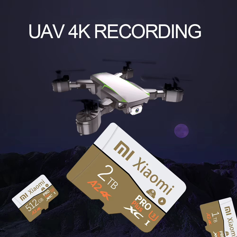 Drones and Xiaomi memory cards with 'UAV 4K Recording' text on a dark background