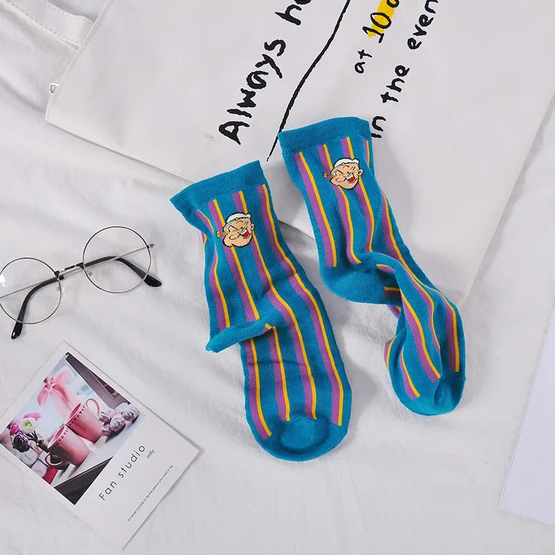 Cartoon Print Cotton Crew Socks - Jacquard, 5 Designs, Unisex EU 35-41