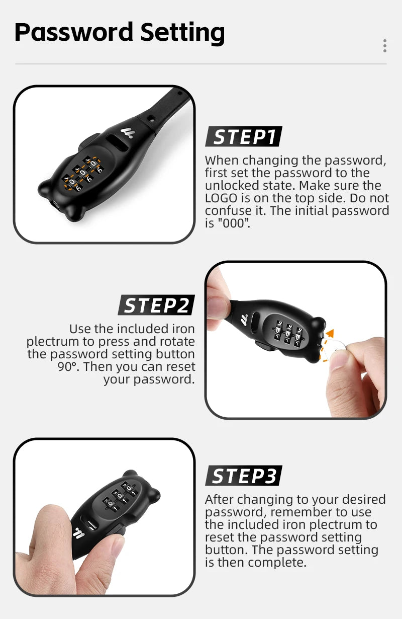 Portable Cable Combination Lock - Zinc Alloy, 3-Digit, 31cm & 53cm, Helmet & Bike
